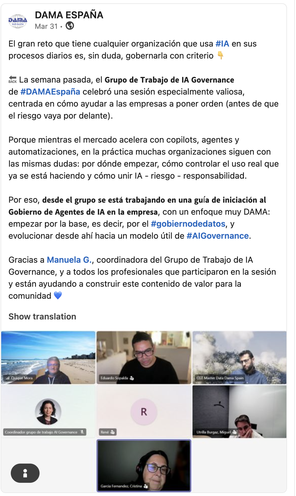 DAMA España AI Governance group in a virtual meeting
